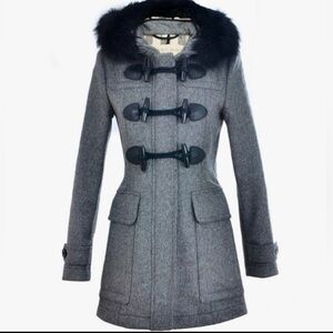 Burberry Brit Grey Wool Duffle Toggle Coat with Black Fox Fur Trim Hood - Size 4